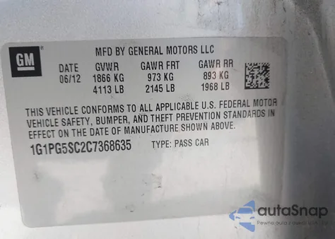 2012 Chevrolet Cruze 2Lt z USA, uszkodzony, nr VIN 1G1PG5SC2C7368635